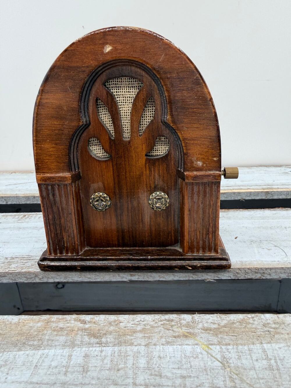 Vintage 1982 George Good Wooden Cathedral Radio Music Box - Novelty Decor - 5.5"